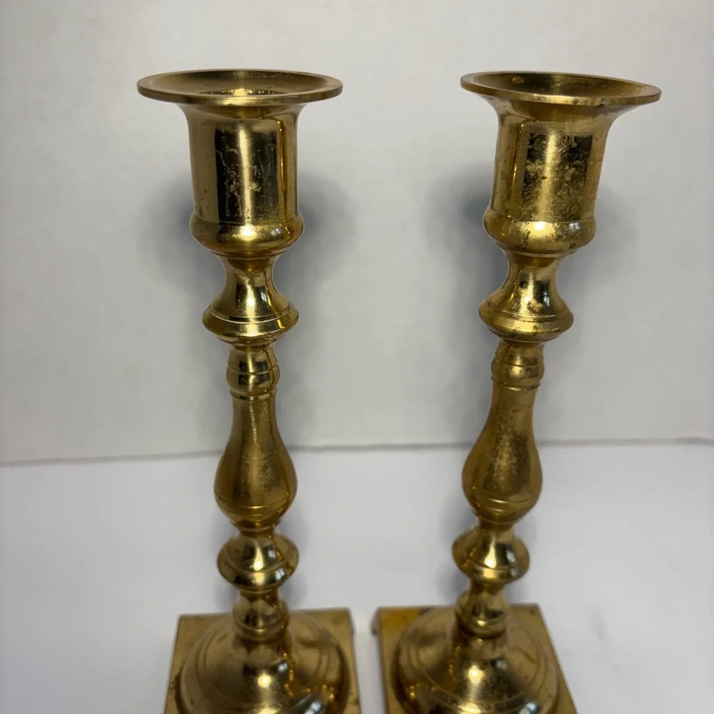 Vintage Brass Candlestick Holders Japan Square Base 7.5” Set Of Two